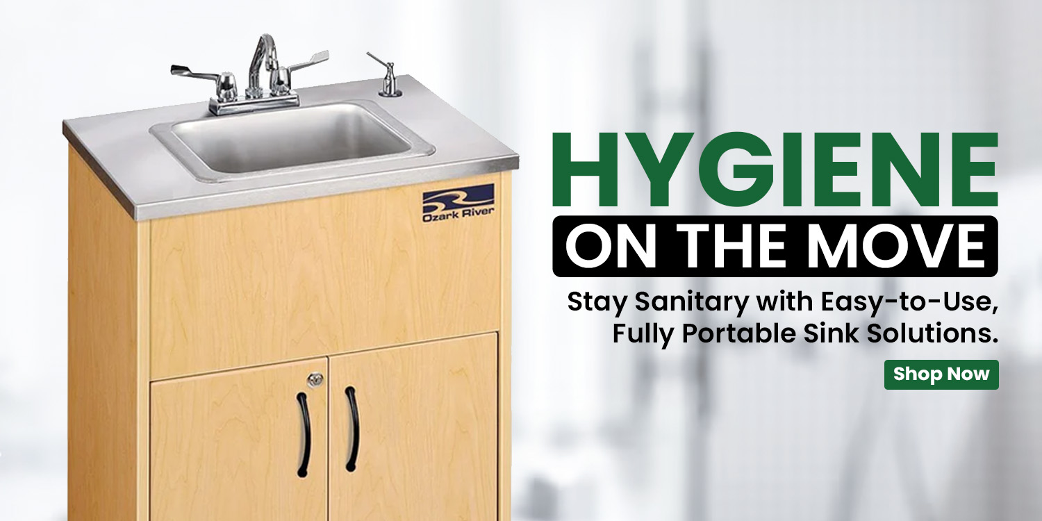 Compact wooden cabinet with built-in stainless steel sink and faucet, ideal for mobile hygiene needs in healthcare or food service settings.